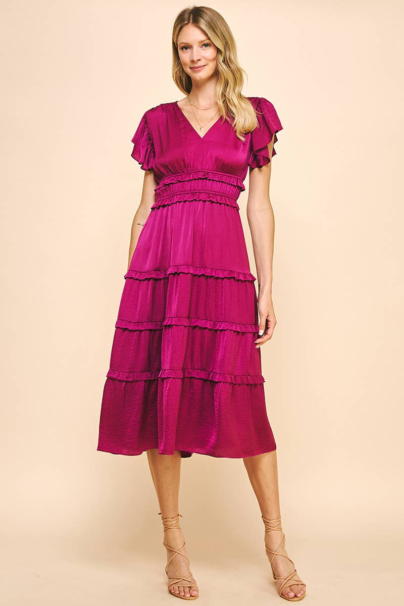 Berry V-Neck Tiered Midi Dress