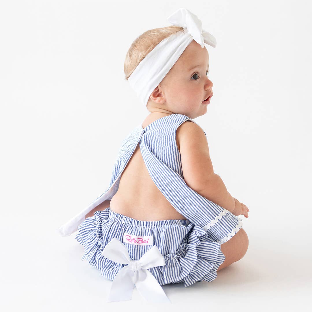 Baby Girls Classic Blue Seersucker Ric Rac Swing Top & Bloomer Set
