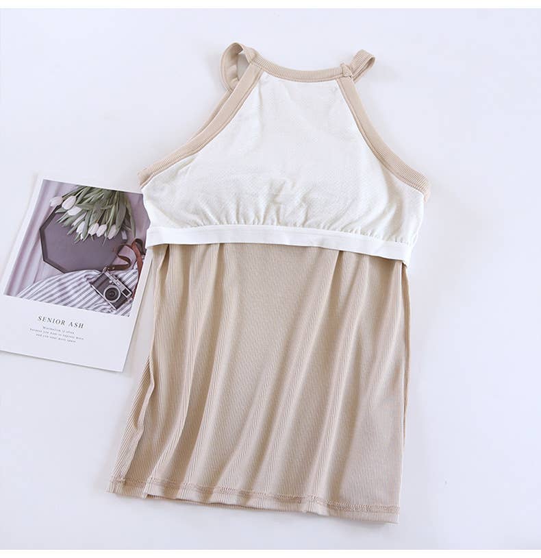 Basic Round Neck Halter Rib Knit Built-In Bra Tank Top