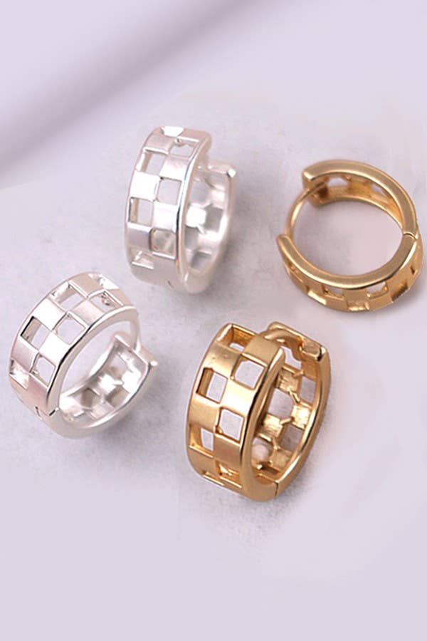 Mini Checkerboard Hoop Huggies – Silver & Gold
