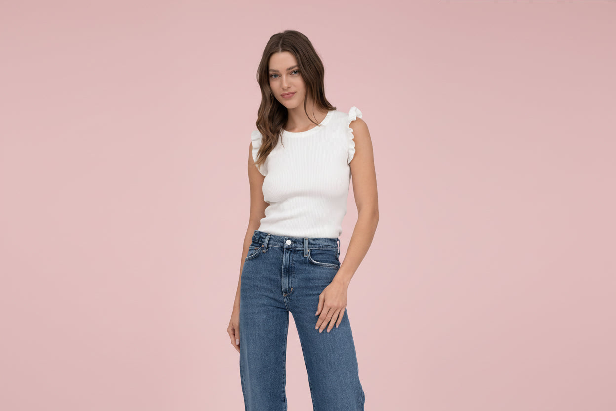 Ribbed Sleeveless Ruffle Shoulder Knit Tank Top