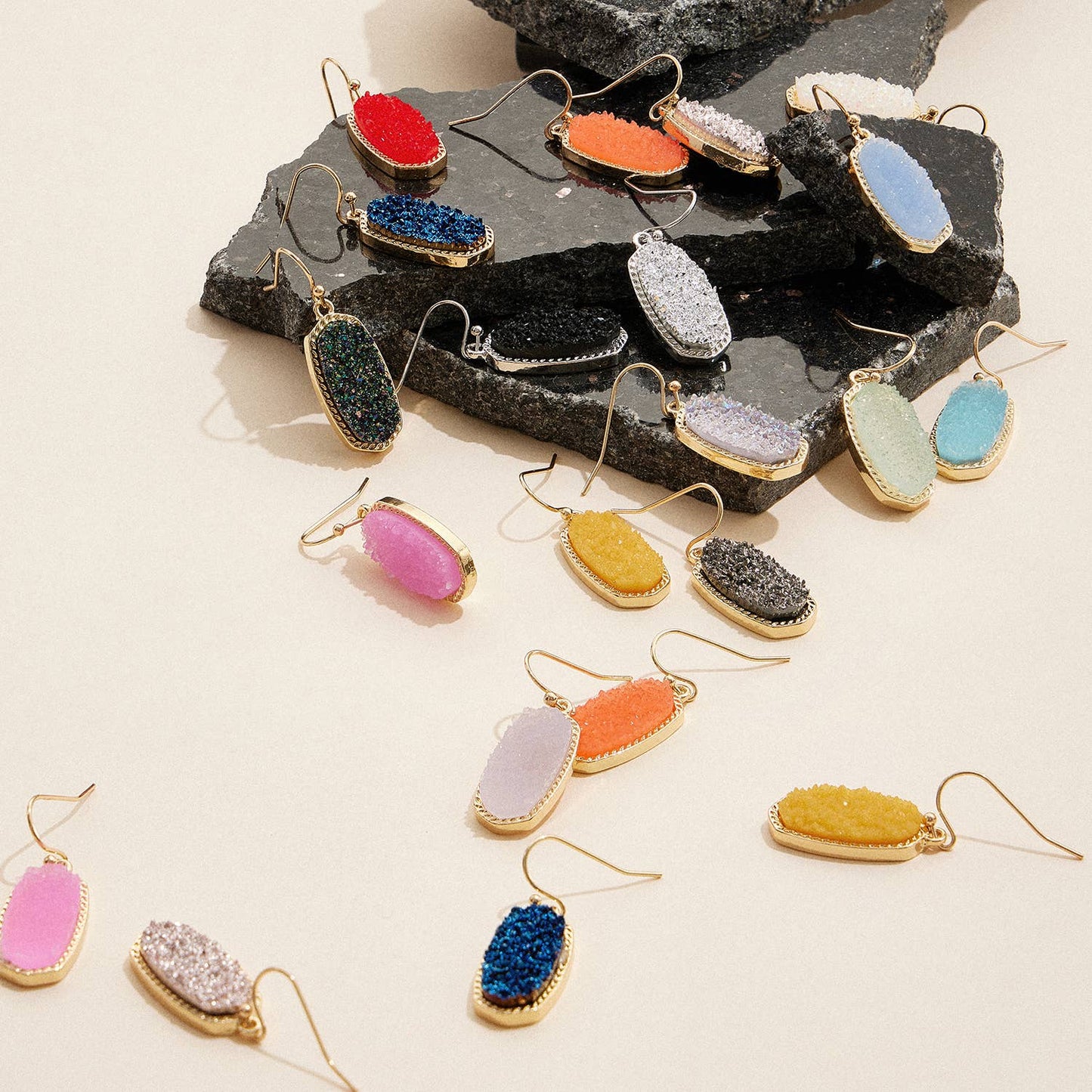 Oval Druzy Stone Drop Earrings