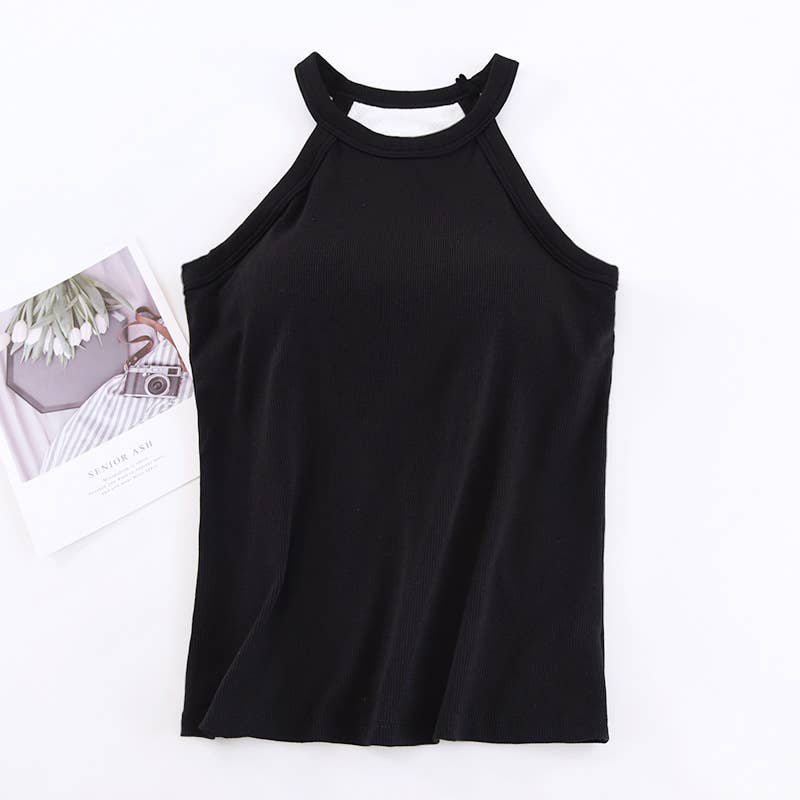 Basic Round Neck Halter Rib Knit Built-In Bra Tank Top