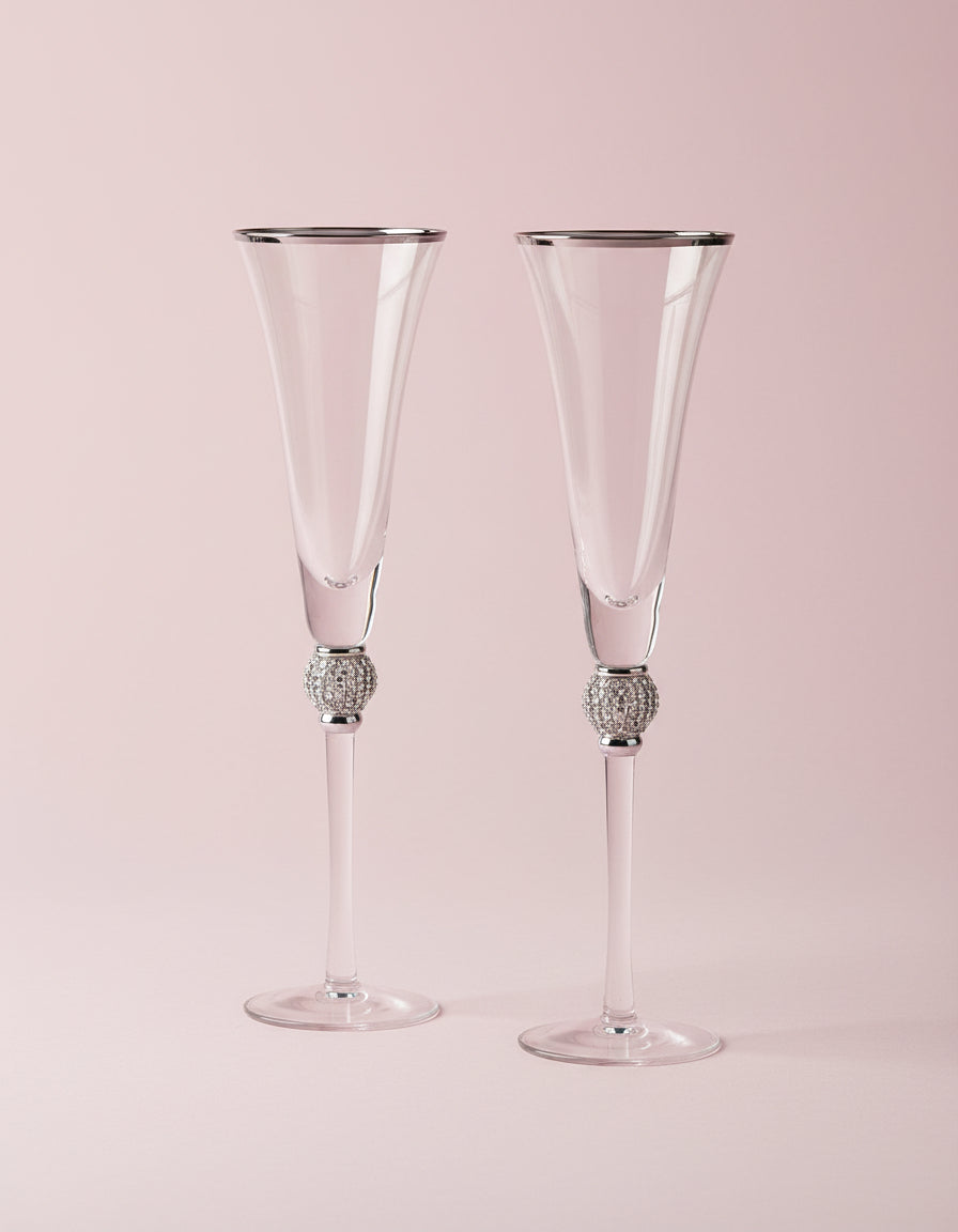 Set of Two Pave Bling Silver Champagne Flutes - Bridal