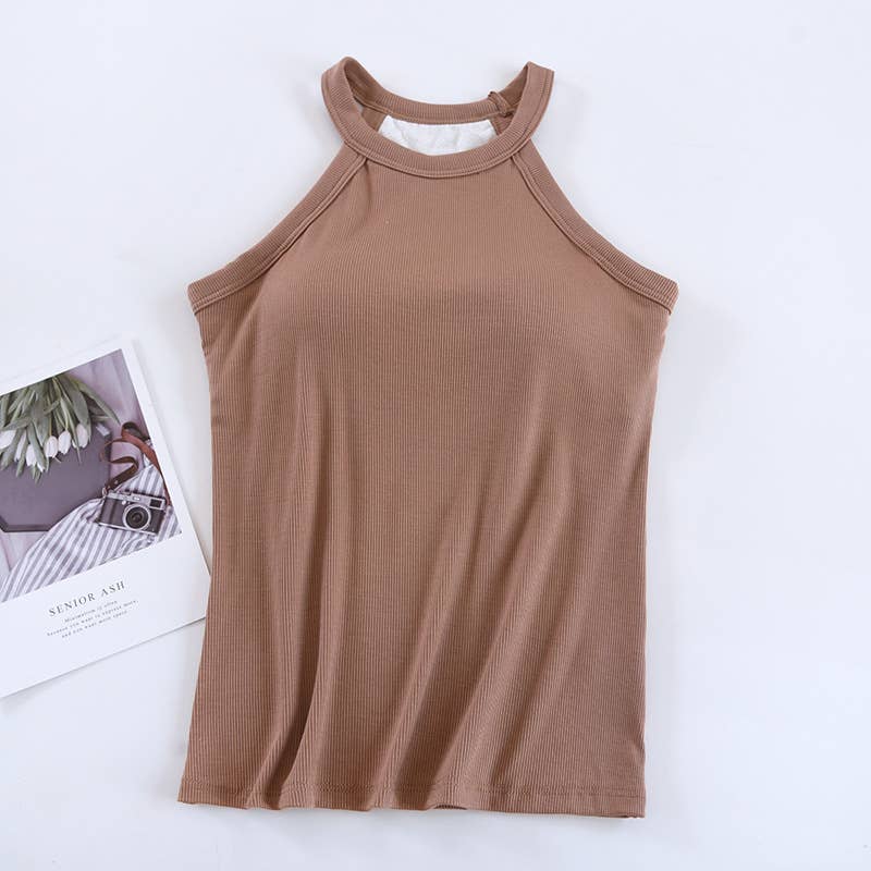 Basic Round Neck Halter Rib Knit Built-In Bra Tank Top