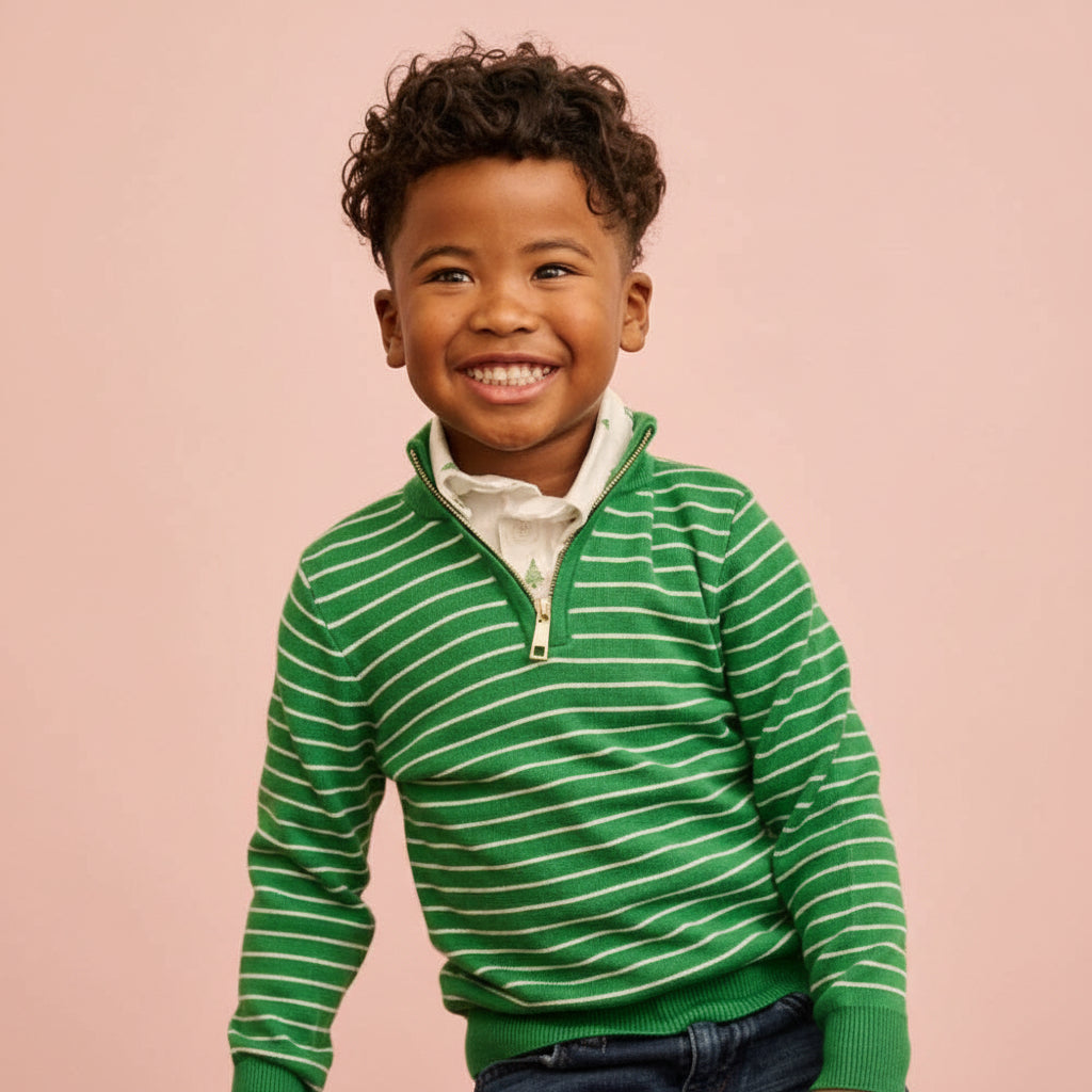 Mini Scott 3/4 Zip Pullover - Green Stripe