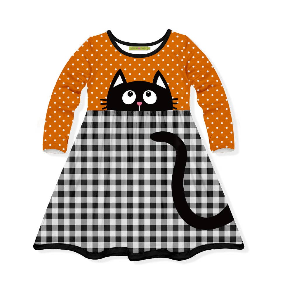Girls Halloween Orange & Black Cat A-Line Dress