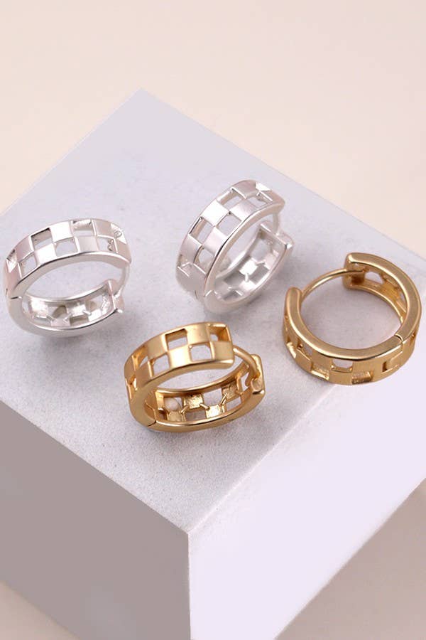 Mini Checkerboard Hoop Huggies – Silver & Gold