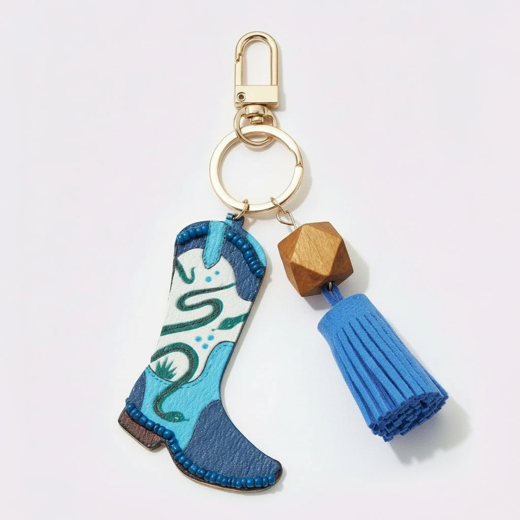Cowboy Boots with Suede Tassel Keychains