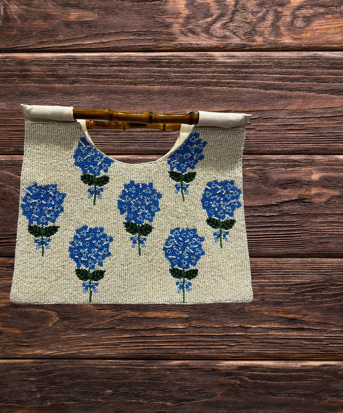 Narragansett Beaded Hydrangea Bag with Bamboo Handles
