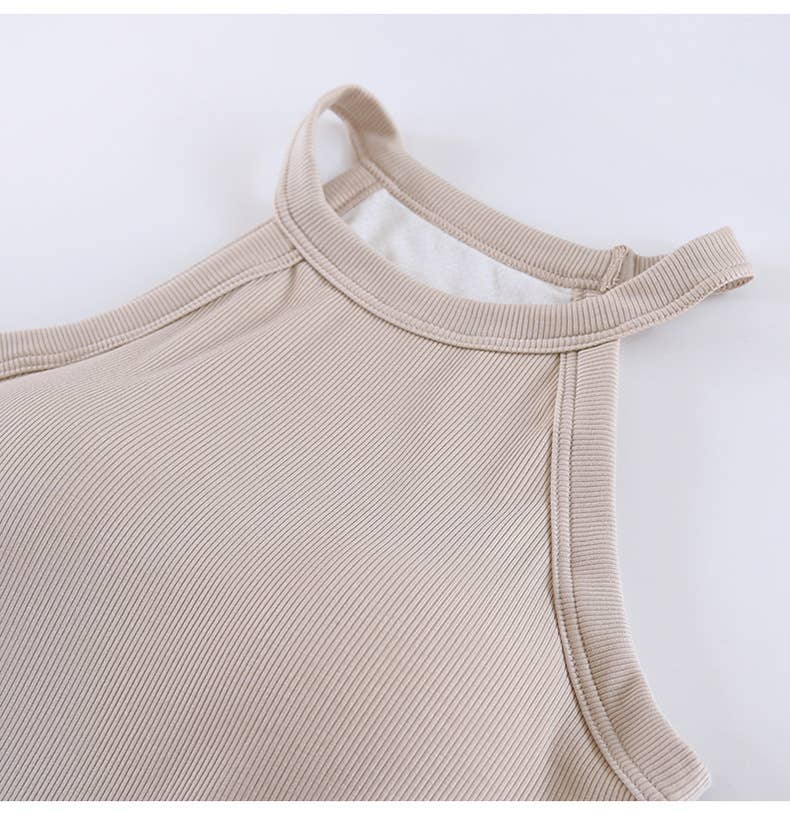 Basic Round Neck Halter Rib Knit Built-In Bra Tank Top