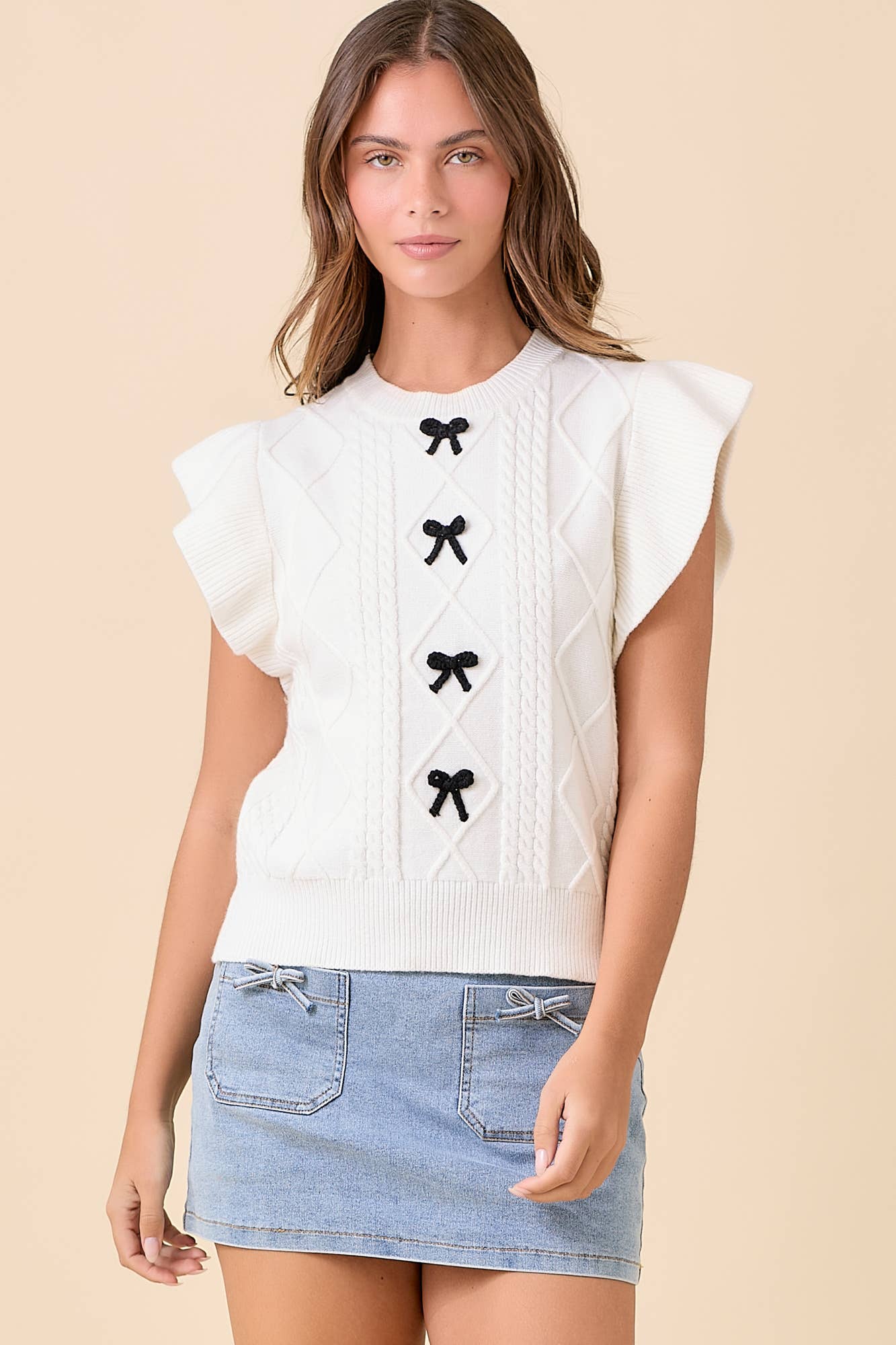 Ruffle Sleeve Sweater Knit Top Ribbon Bow Detail