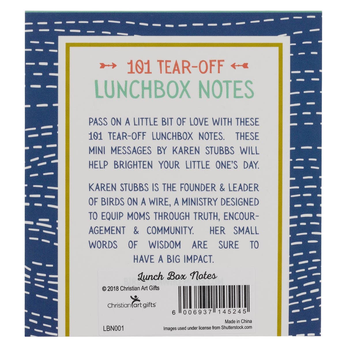 Back cover of a product packaging with text about 101 tear-off lunchbox notes by Karen Stubbs.