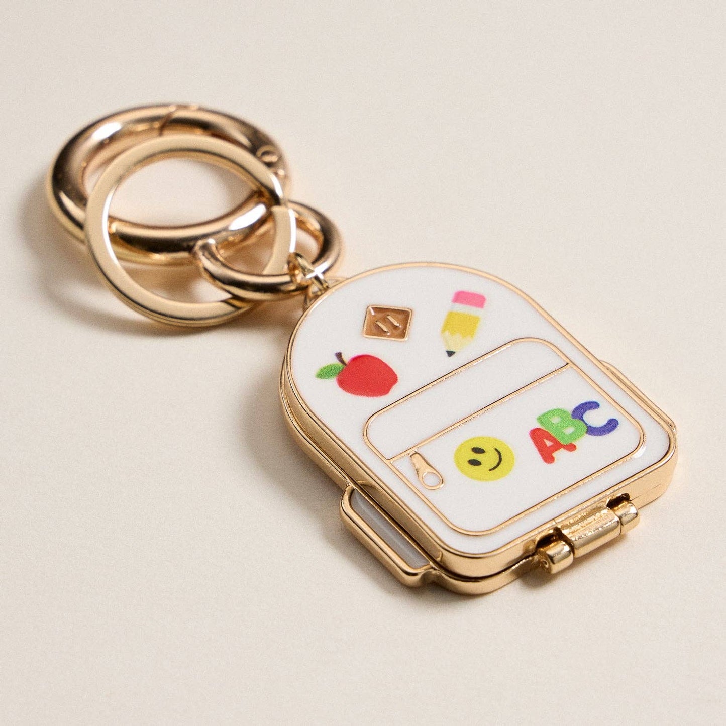 Gold Backpack Locket Keychain with School Supply Icons