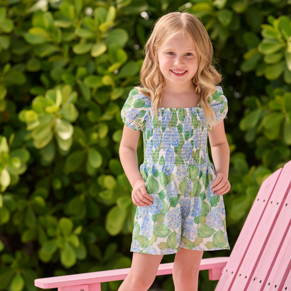 Girls Spring Summer Smocked Romper - Rosie Blue Hydrangeas