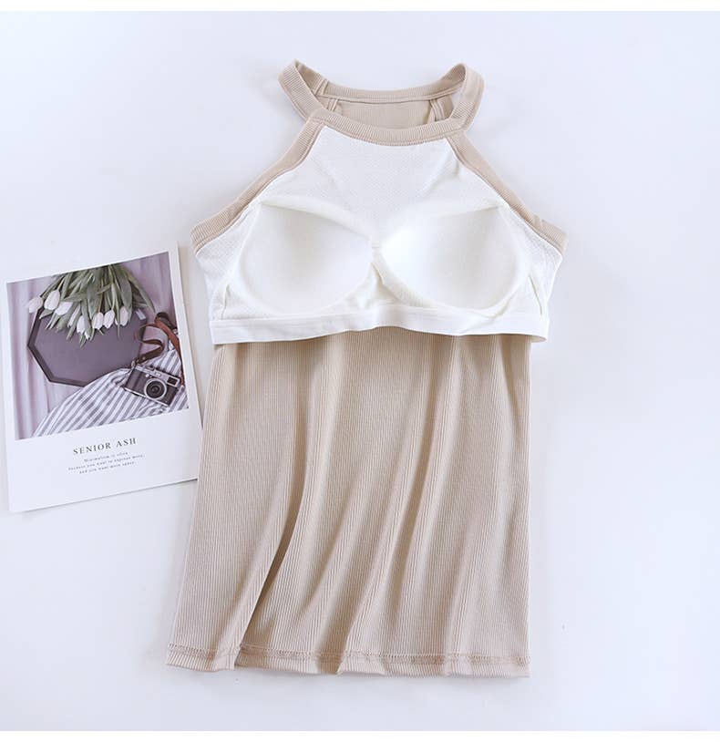 Basic Round Neck Halter Rib Knit Built-In Bra Tank Top