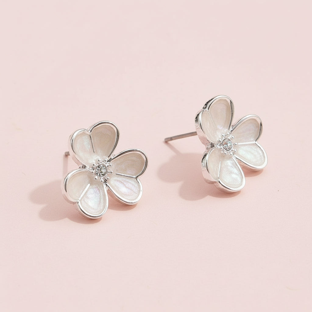Flower Stud Earrings with Pearl and Rhinestone Center