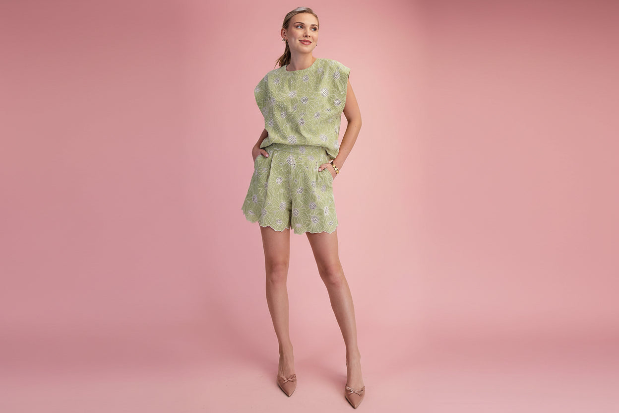 High Waist Scallop Hem Embroidery Shorts