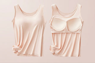 Two beige tank tops on a light pink background