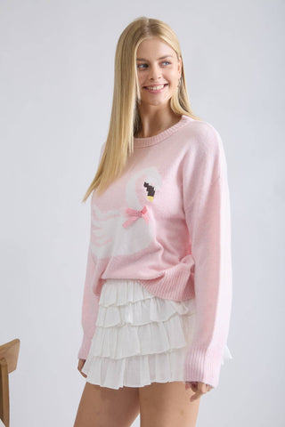 Pink Swan Bow Detail Crew Neck Knit Sweater