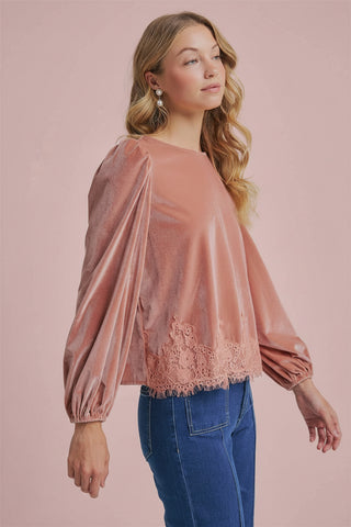Women's Romantic Holiday Velvet Blouse Top with Eyelash Lace Hem