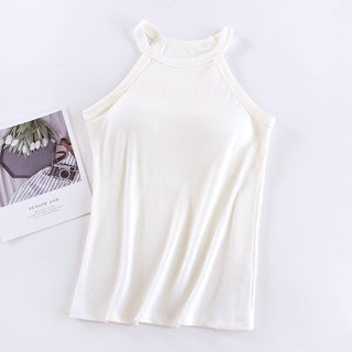 Basic Round Neck Halter Rib Knit Built-In Bra Tank Top