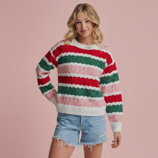 Women's Holiday Christmas Color Textured Stripe Sweater Top