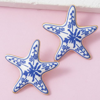 Enamel Starfish Floral Print Stud Earrings