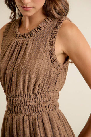 Textured Smock Waist Sleeveless Midi Tiered Dress