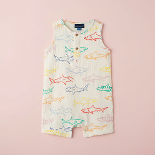 Baby Sleeveless Shark Henley Romper & Bucket Hat Set