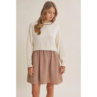 Mixed Media Long Sleeve Twofer Mini Dress