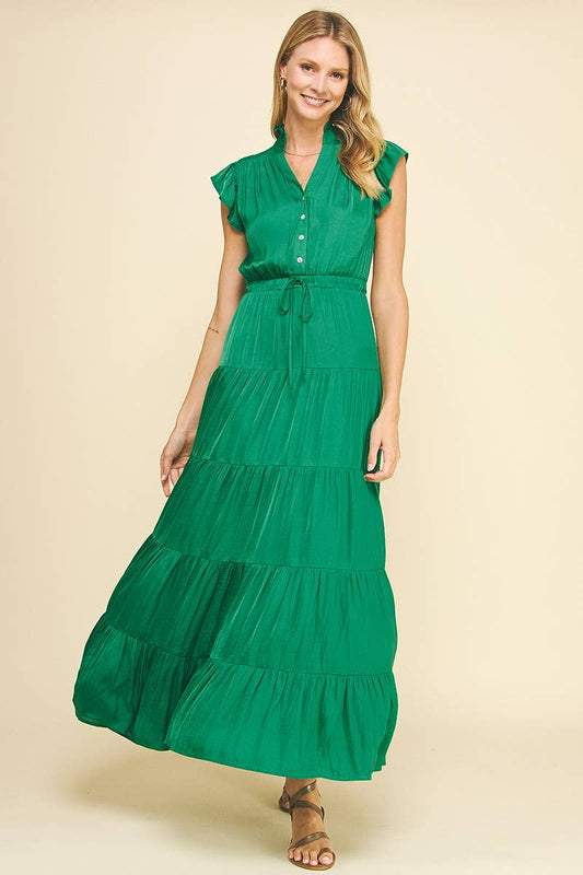 Green Satin Tiered Maxi Dress