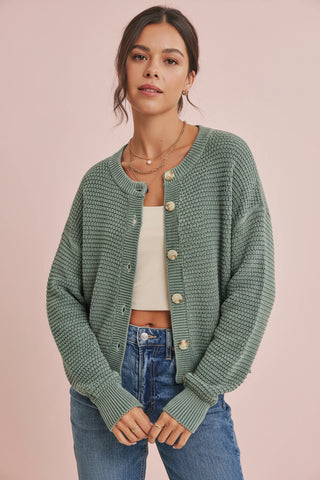 Women's Mineral-Washed Waffle Cotton Knit Cardigan Sweater