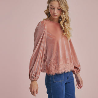 Women's Romantic Holiday Velvet Blouse Top with Eyelash Lace Hem