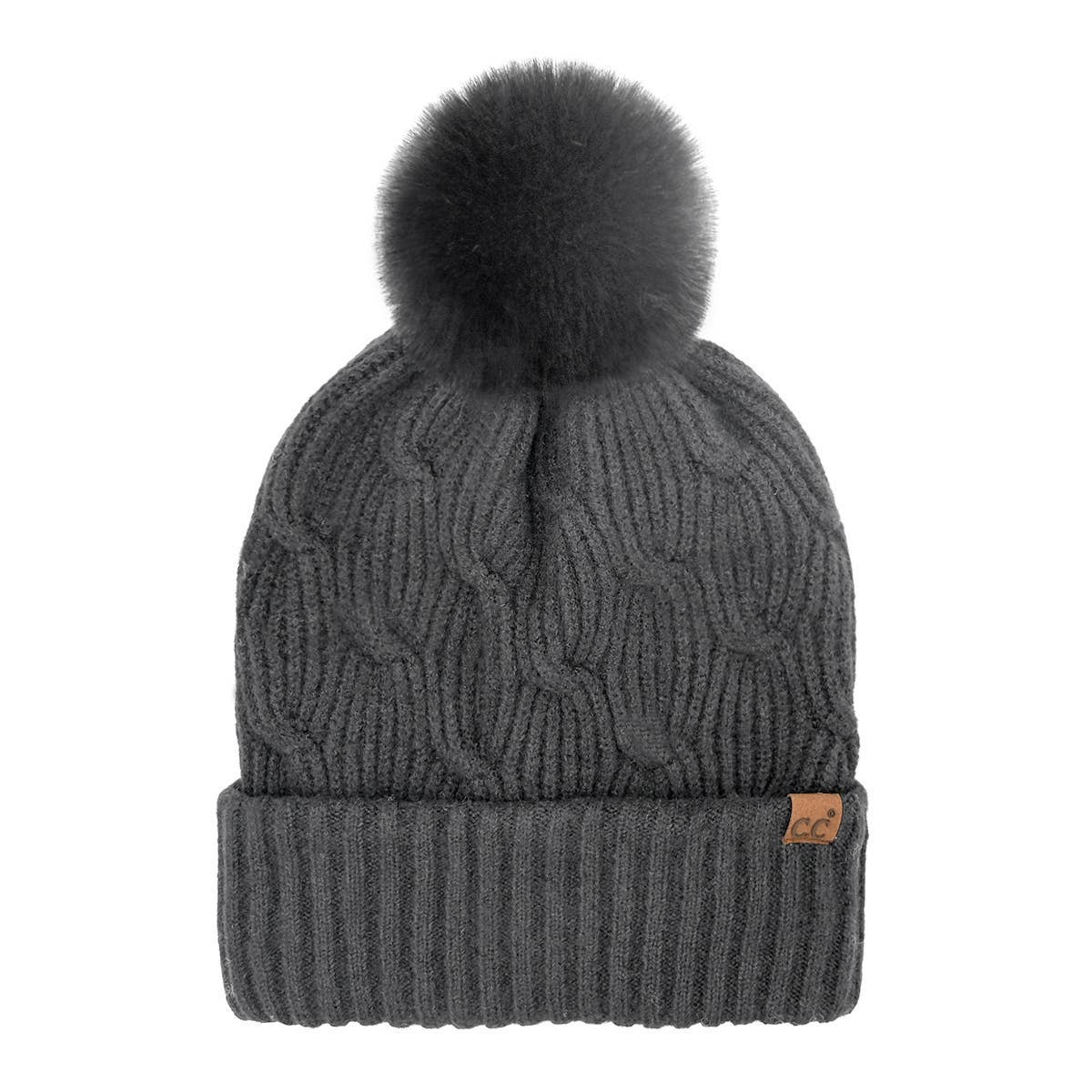 Cable Knit Faux Fur Pom Pom Beanie