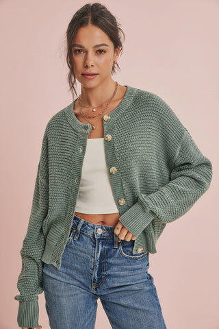 Women's Mineral-Washed Waffle Cotton Knit Cardigan Sweater