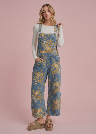 Women's Floral Print Denim Overall Jumpsuit with Barrel Leg
