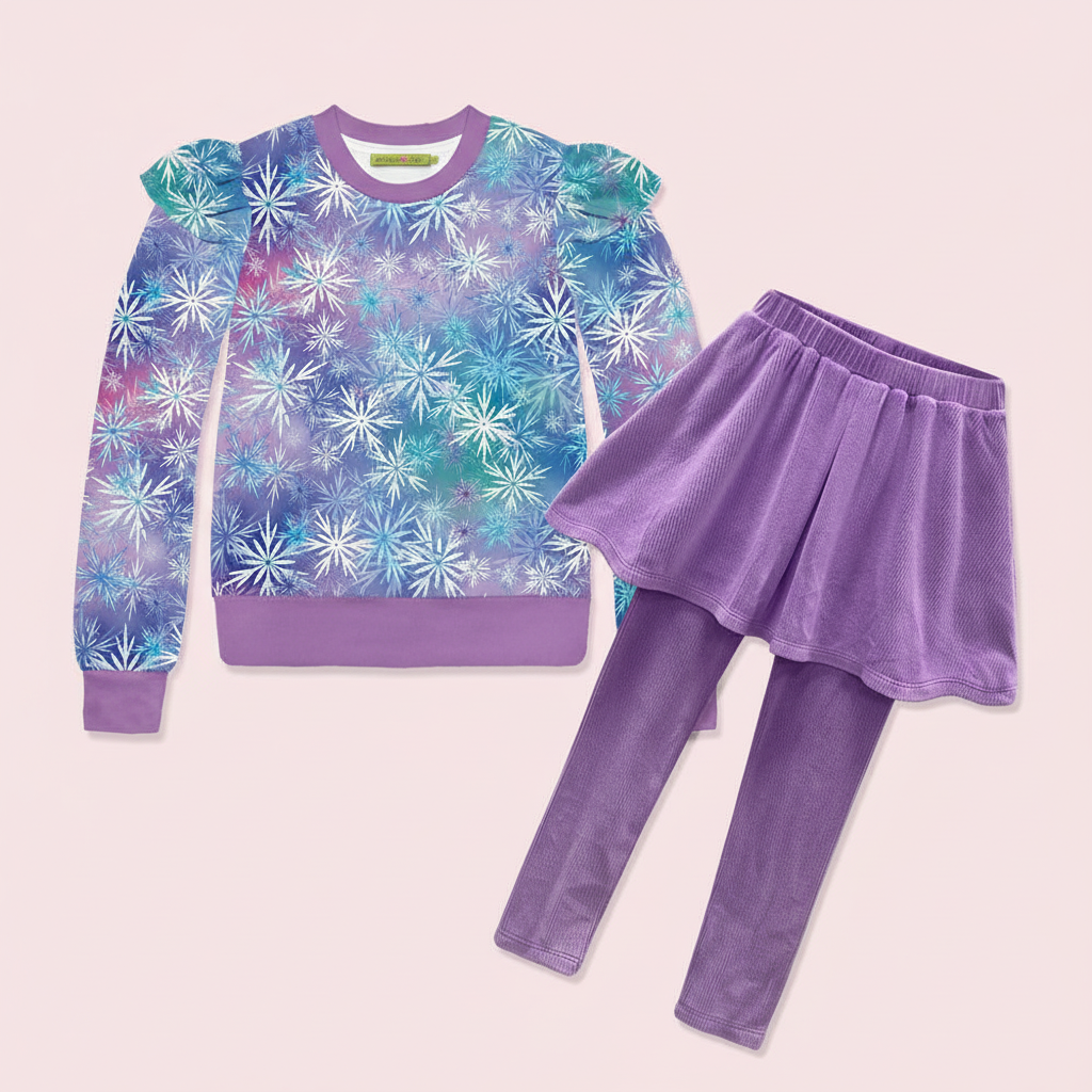 Kids Snowflake Velour Sweatshirt & Purple Skirted Leggings Set