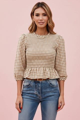 Women's Smocked Plaid Three-Quarter Puff Sleeve Casual Top