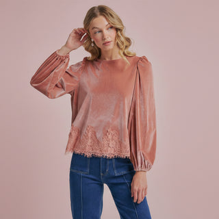 Women's Romantic Holiday Velvet Blouse Top with Eyelash Lace Hem