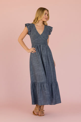 Smocked Maxi Dress with Flutter Sleeve and Button-Down Skirt