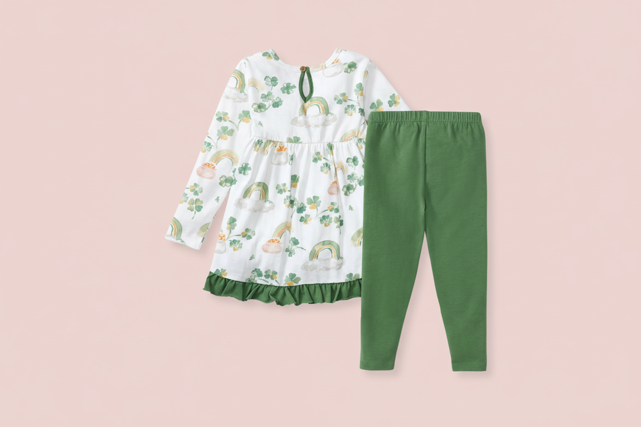 Children's outfit with a patterned top and green pants on a pink background