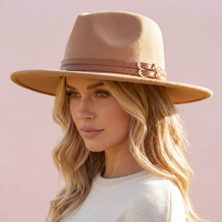 Double Belt Strap Wide Brim Fedora Hat