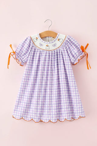 Halloween Ghost Plaid Bow Scallop Girls Dress