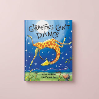 Book cover of 'Giraffes Can't Dance' with a giraffe illustration against a blue sky.