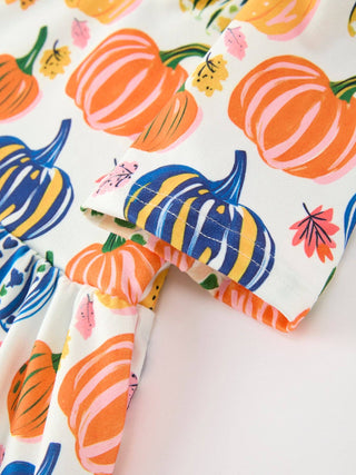 Girls Autumn Colorful Pumpkin Print Ruffle Dress