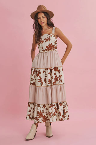 Women's Mixed Print Floral Tiered Midi Dress with Wavy Piping