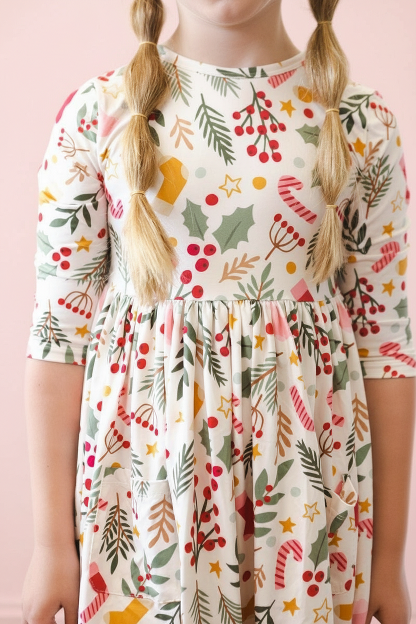 Holly Jolly Christmas 3/4 Sleeve Pocket Twirl Dress