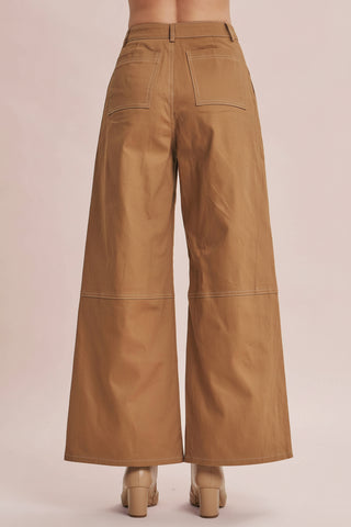 Women's Wide Leg Stretch Cotton Twill Utility Pants with Contrast Stitching