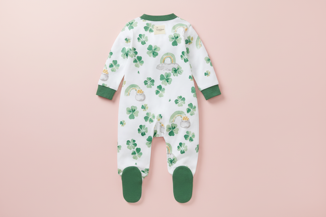 Baby onesie with green snake and rainbow pattern on a pink background